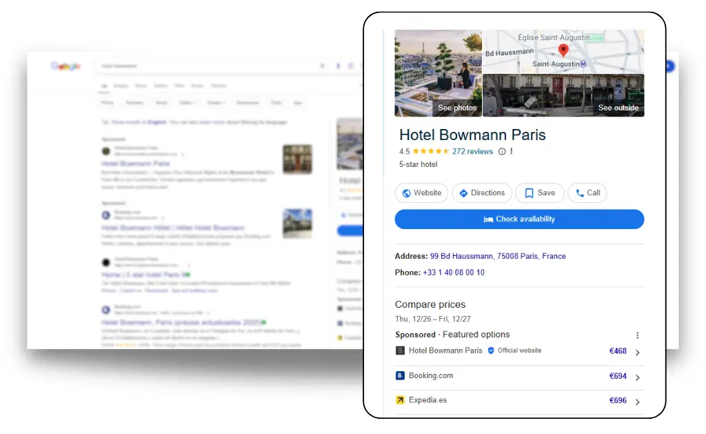 Un résultat de métarecherche Google d'une publicité pour un hôtel de luxe.