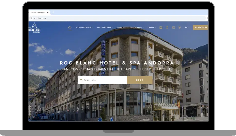 A laptop screen illustrates a hotel website, an example of a direct hotel distribution channel.